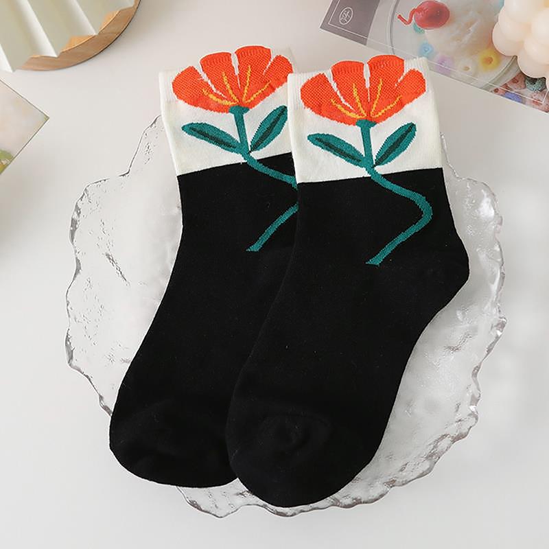 Cotton Women Socks Casual Breathable Japanese Korean Style Cartoon Flower Candy Color  Female Middle Tube Sock