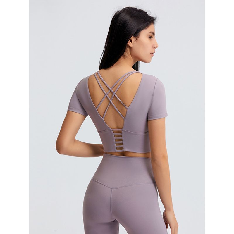 Original Open Back Yoga Jacket Short Sleeve Tight Sports T-shirt with Chest Pad Women's Quick-Drying Running Fitness Clothes Summer