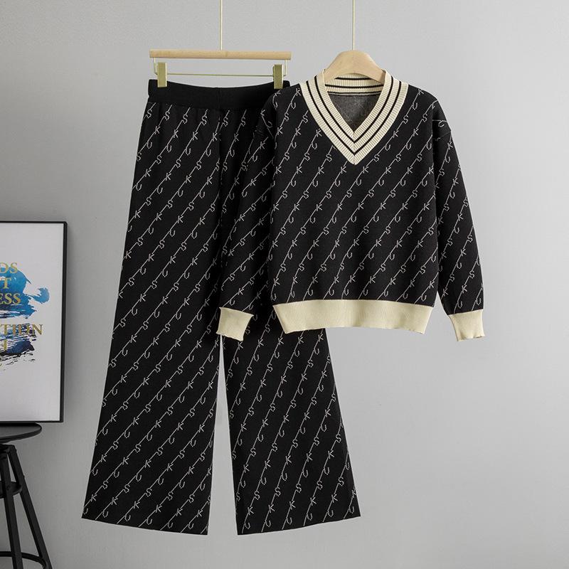 Women's Autumn/Winter Striped Knit Sweater & Wide-Leg Pants Set - Little Fragrance Style Casual Sportswear