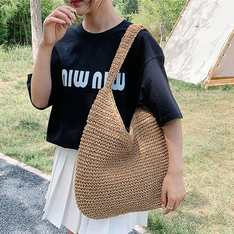 Yogodlns New Grass Women Travel Beach Bags Single Handle Shoulder Bags Grass Large Capacity Tote Bag Hand Woven Bag for Women
