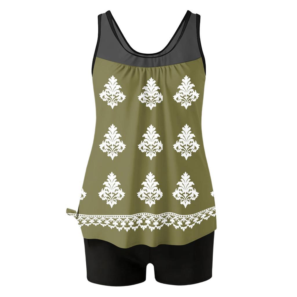 Tankini Swimsuits for Women Two Piece Modest Blouson Bathing Suit with Shorts Printed Full Coverage Swimwear