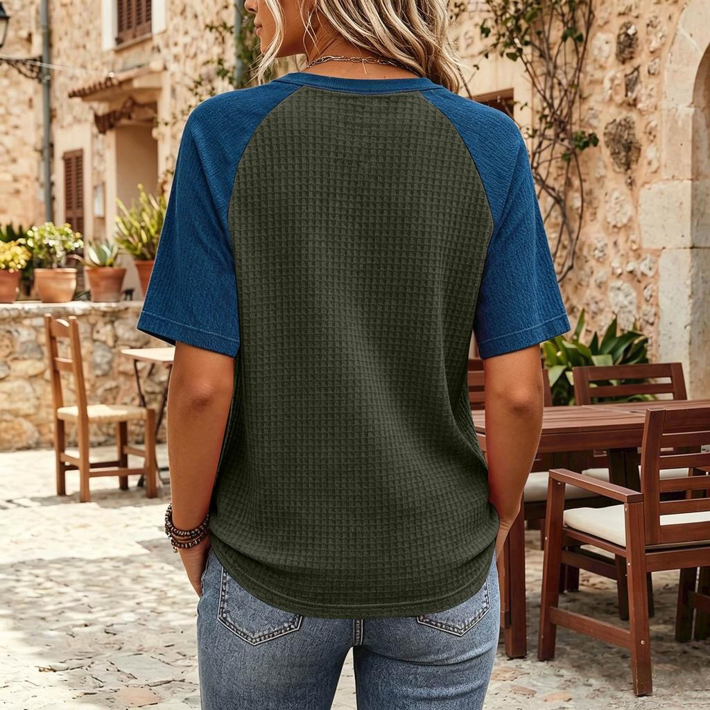 Women’s Casual Vintage Lightweight Plus Size Waffle Knit Raglan Crewneck Top Loose Fit Short Sleeve Pullover Shirt