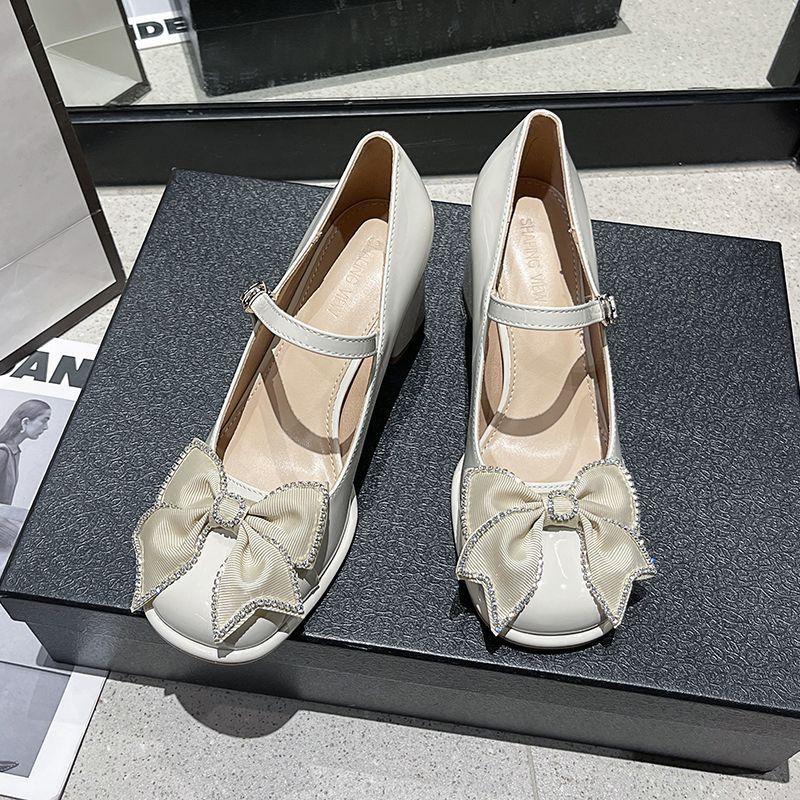 Xiaoxiangfeng bow shoes fairy style high heels female 2025 spring thousand gold rhinestone thick heel Mary Jane single shoes