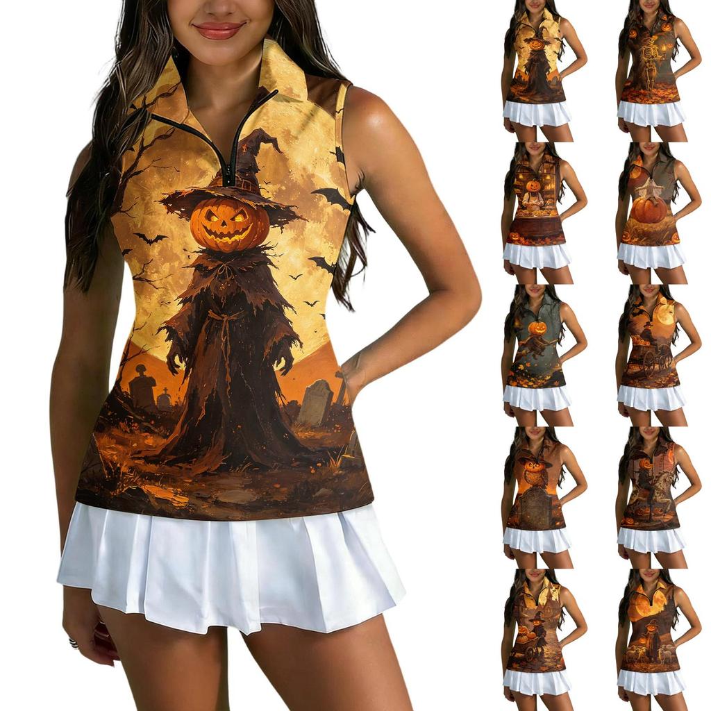 Women's Sleeveless Golf Shirt with Zip Front and Collar, Halloween Print Sporty Vest