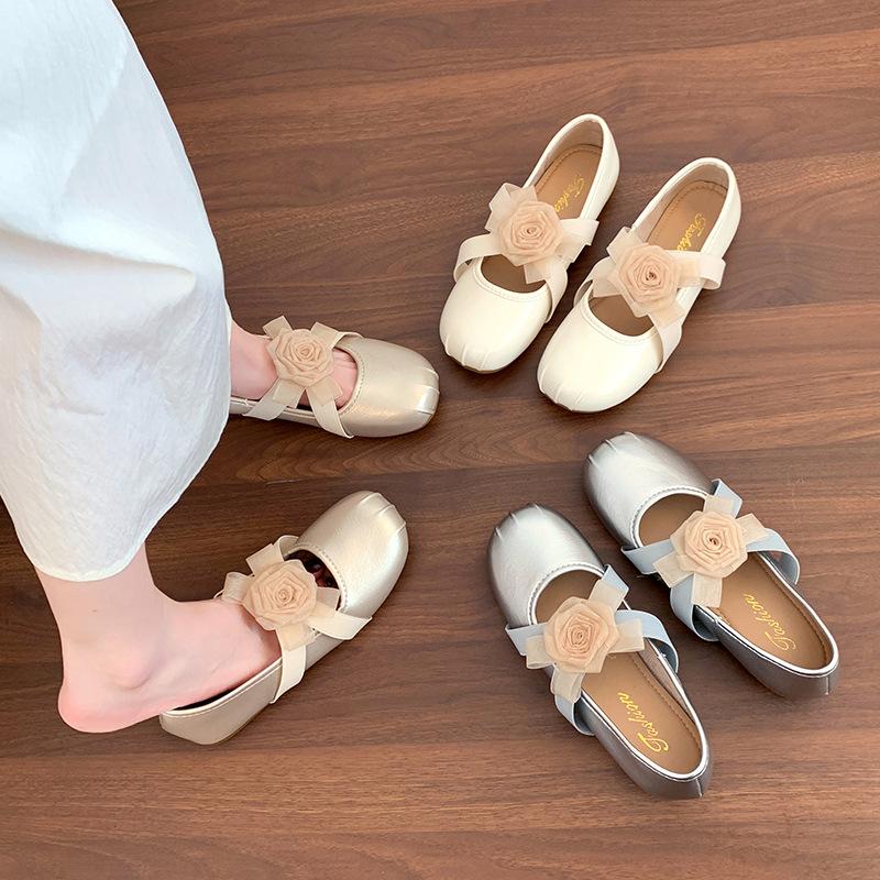 Beautiful camellia flower Mary Jane single shoes women's 2025 spring new flat red cross-strap ballet shoes