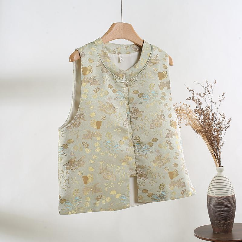 

2025 темпераментный жилет женский весенний с высоким чувством воротник-стойка жаккардовый на пуговицах топ XXXL [Recommended 138-75kg]