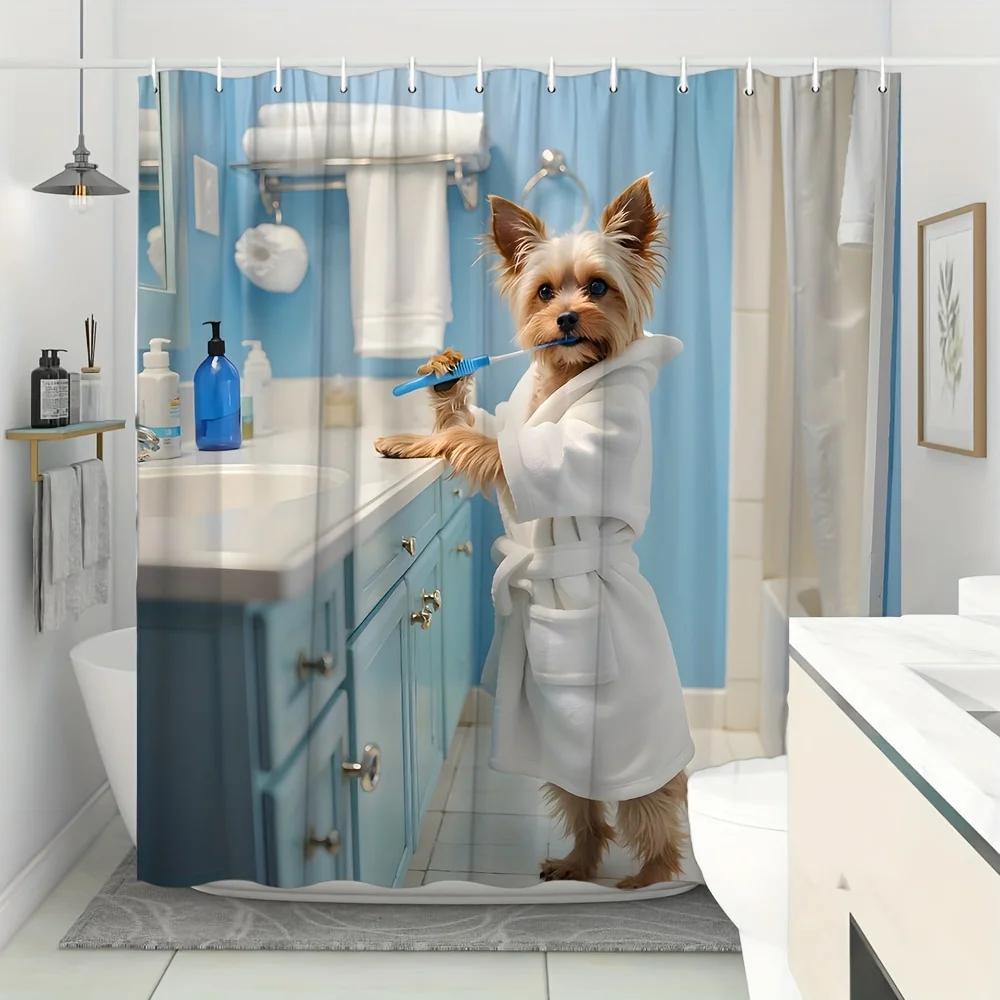 

Yorkshire Terrier Bath Time Shower Curtain - Cute Dog In White Robe, Blue Toothbrush, Playful Bath Decor, Polyester, 12 Hooks W60H190(CM)-1 Pcs