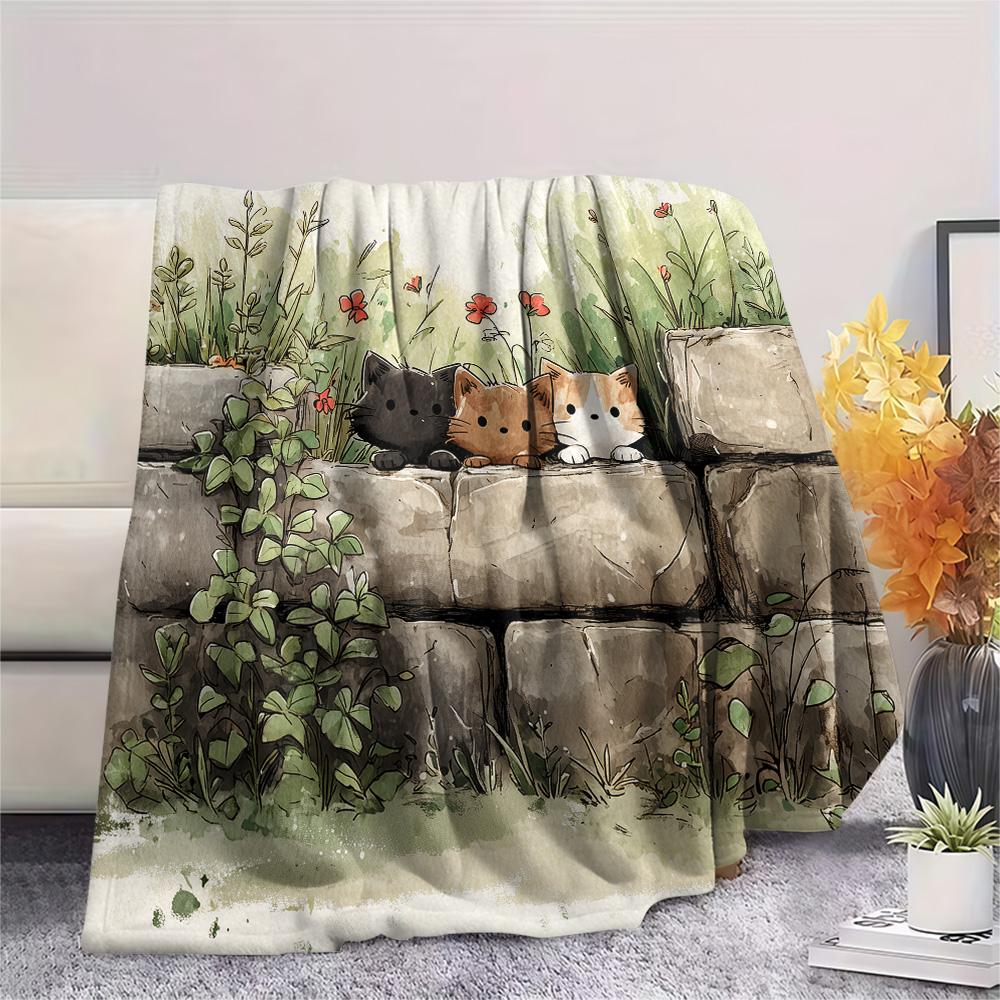 Peeking Cats Print Flannel Blanket, High quality Comfortable for All Seasons, Home Decor, Warmth and Comfort