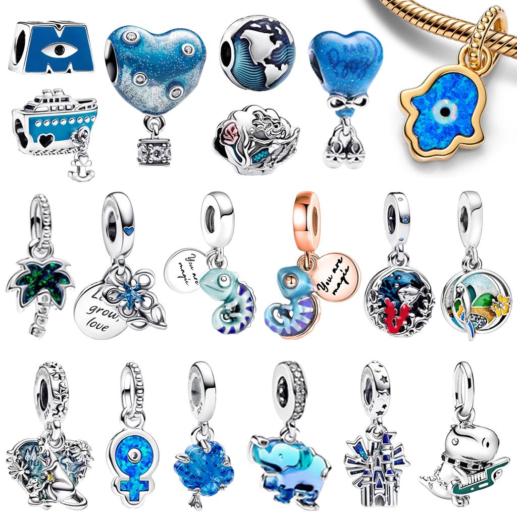 Blue Beads Charms Original Copper Heart Chameleon Castle Tree Elephant Coral For Diy Bracelet Necklace Women Gift