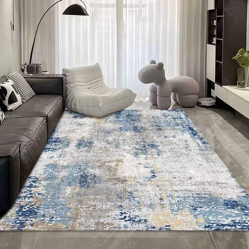 Simple Light Luxury Thickened Crystal Velvet Carpet, Living Room Bedroom Coffee Table Floor Mat, Blue Abstract Ink Carpet