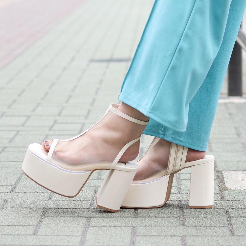 Love Hunter 1590 Damen Sandalen mit durchsichtigem Tüll und Plateauabsatz, 10,5 cm Absatz, eckige Zehenpartie, Schwarz, Klein, Größe 2E