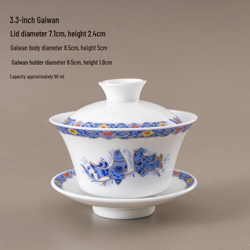 Chinese Style Ceramic Tea Set: White Porcelain Cup with Blue and White Ruyi Covered Bowl for Living Room