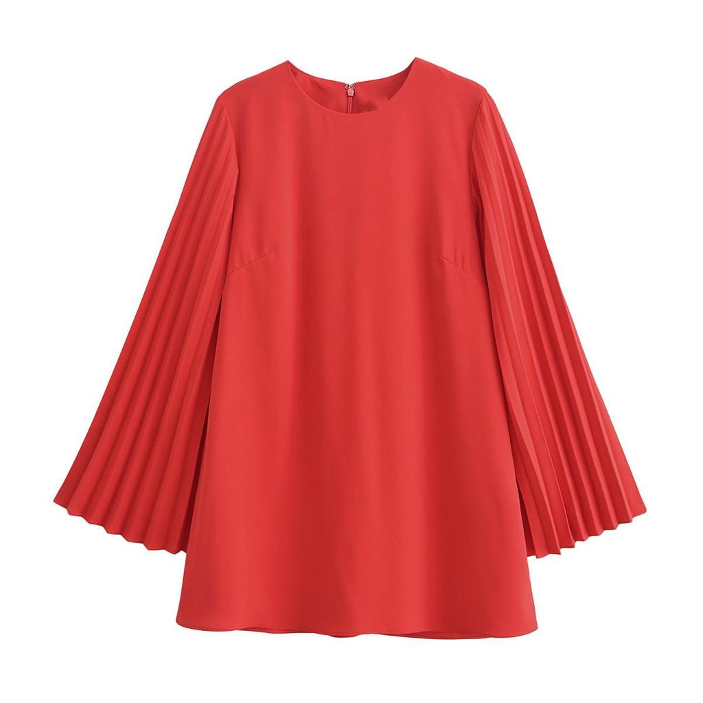 2025 Spring Women's Casual Loose Fit Round Neck Pleated Short Dress