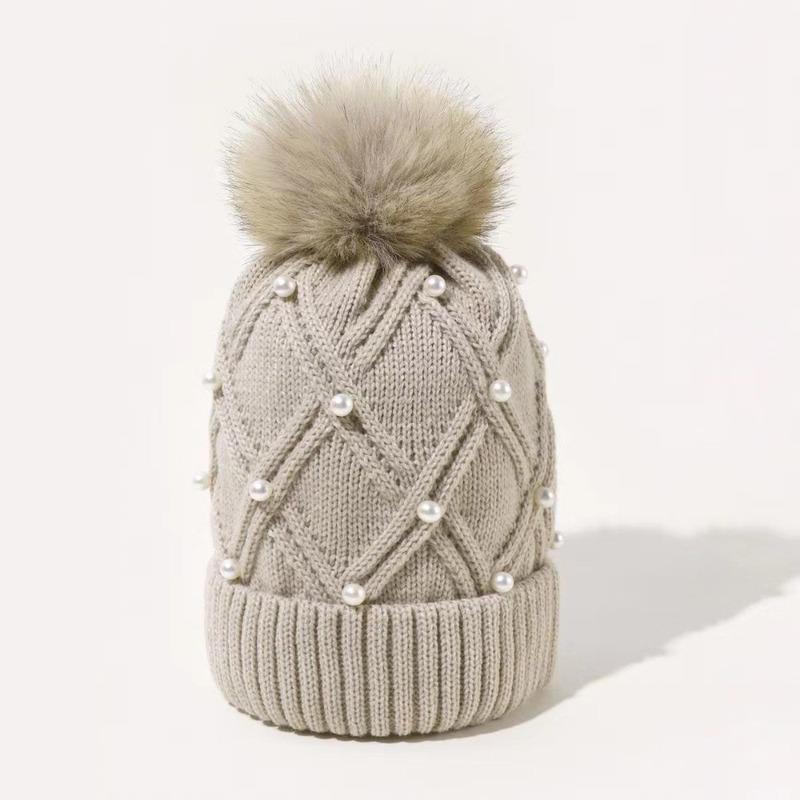 Cute with Diamond Knitted Hat Thick Flannel Warm Large Woolen Ball Cold Hat Folded Edge Solid Color Women's Hat Winter