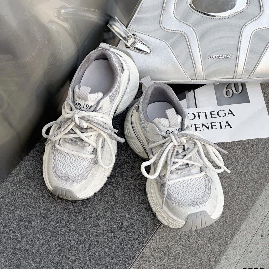 thick-soled rhinestone white dad shoes women's 2025 spring and autumn new small slim mesh breathable casual sneakers