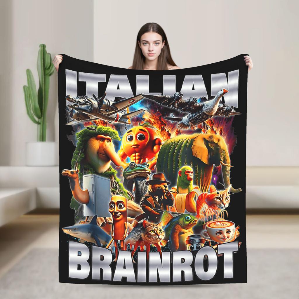 Funny Italian Brainrot Memes Compilation Blanket Travel Flannel Throw Blanket For Home Decor Super Warm Quality Bedspread Gift