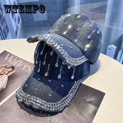 Denim Rhinestone Baseball Cap for Women, Sparkly Handmade Rhinestone Studded, Fashionable Retro Sunshade Sunscreen Hat