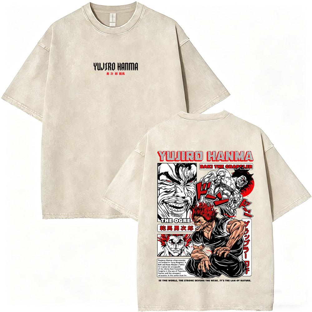 Camiseta Gráfica Vintage Lavada de Anime Baki Yujiro Hanma para Hombre, Camisetas Retro de Manga Oversize, Ropa Casual d 2259