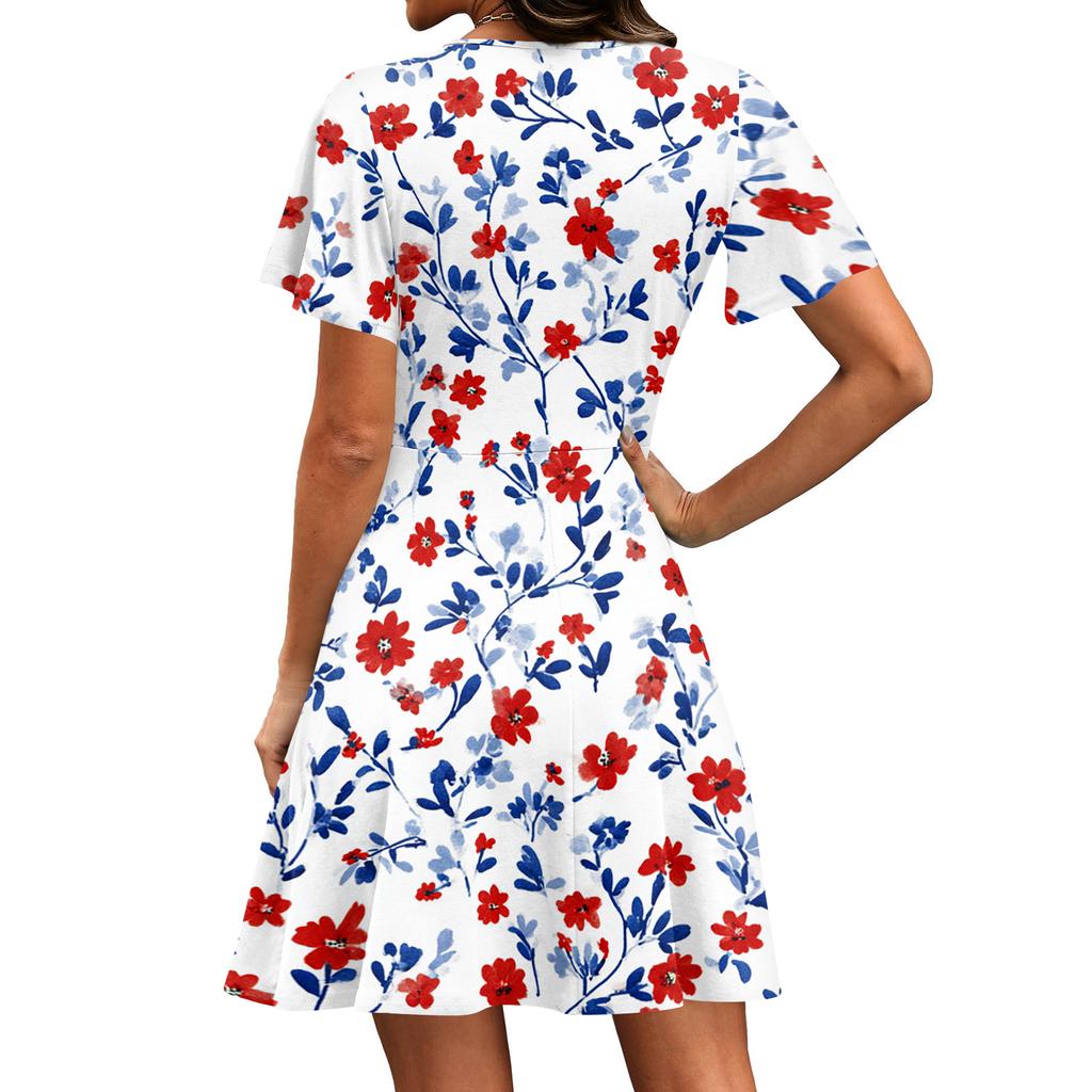 Women’s Short Sleeve V Neck Floral Print Casual Wrap Dress Lightweight Summer A Line Swing Dress with Soft Fabric