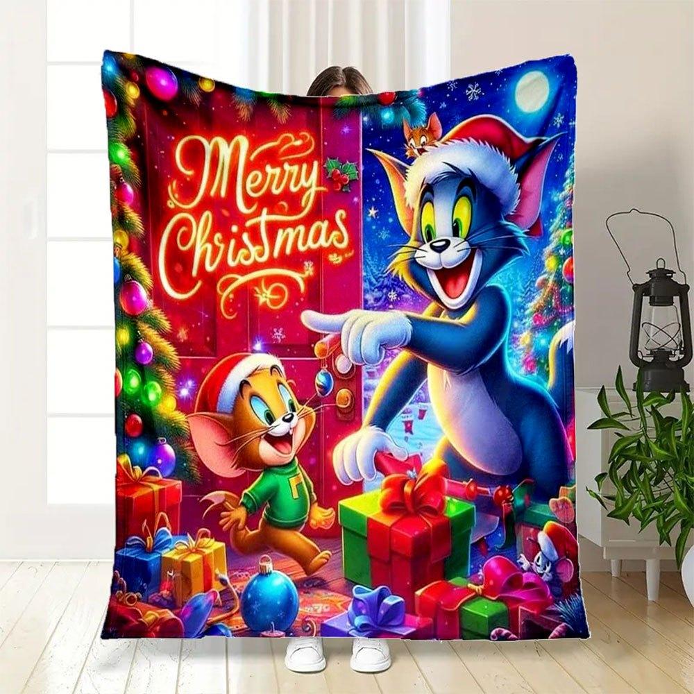 Tom & Jerry Christmas Poster PrintBlanket Flannel Throw Blanket for Sofa, Bed, Travel, Camping, Office