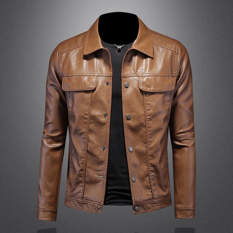 2026 Men s Slim Fit Biker Leather Jacket with Turn-Down Collar M хаки