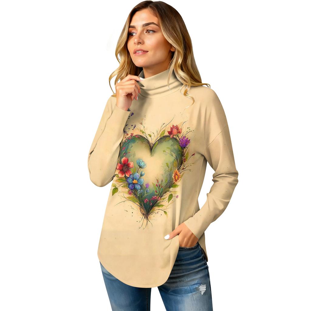 Tricouri pentru femei, toamnă, ocazional, cămăși cu mânecă lungă, hanorac, cu imprimeu vintage, cu gât înalt, pulover