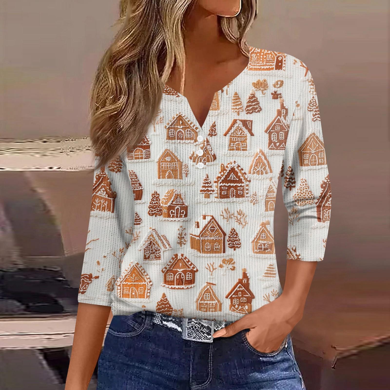 Women V Neck Button Knit Pullover Sweater Three Quarter Sleeve Casual Christmas Print Lightweight Top for Everyday Wear XXL хаки