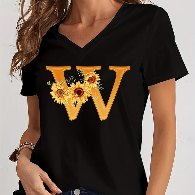 Unisexs Vneck Graphic Shirts Orange Az Alphabet Sunflowers Short Sleeves Harajuku Fashion Girl Casual Y2k Trend Tshirts Top