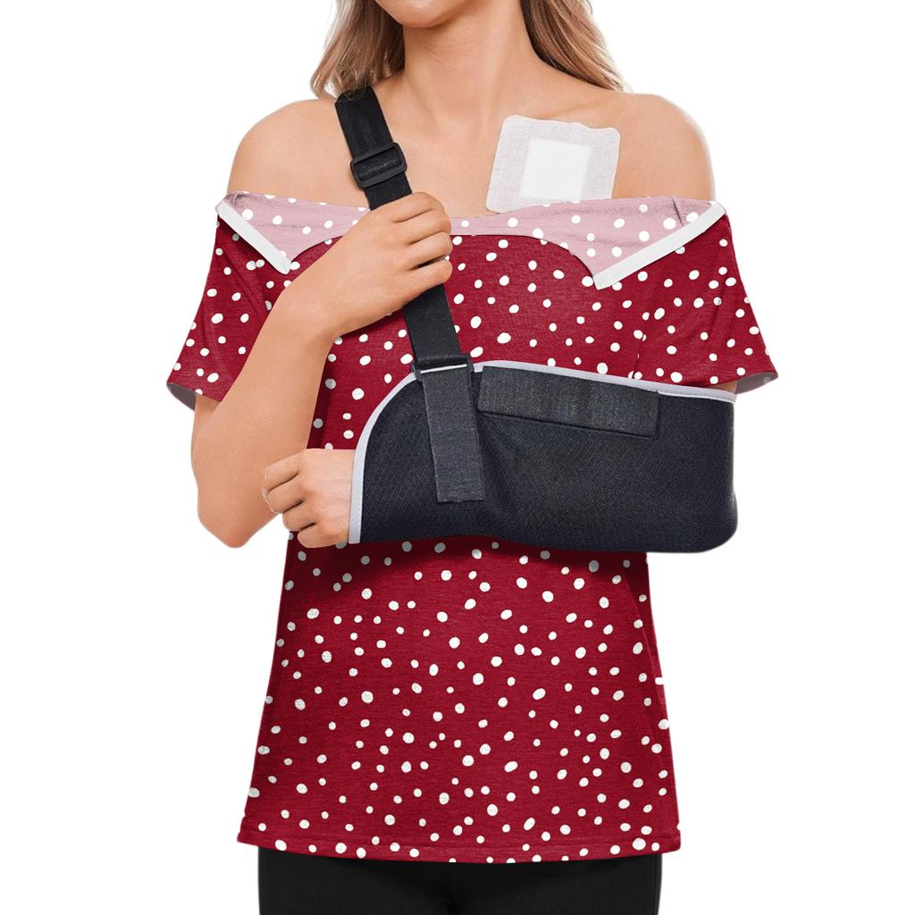 Women Postoperative Short Sleeve Floral Print Shirt with Shoulder Zipper and Side Hook and Loop Closure for Easy Dressing Comfort