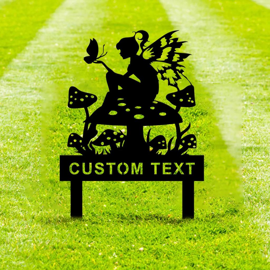 Metal Fairy Garden Stake Mushroom Decor Personalized Gardener Name Sign Outdoor Yard Art