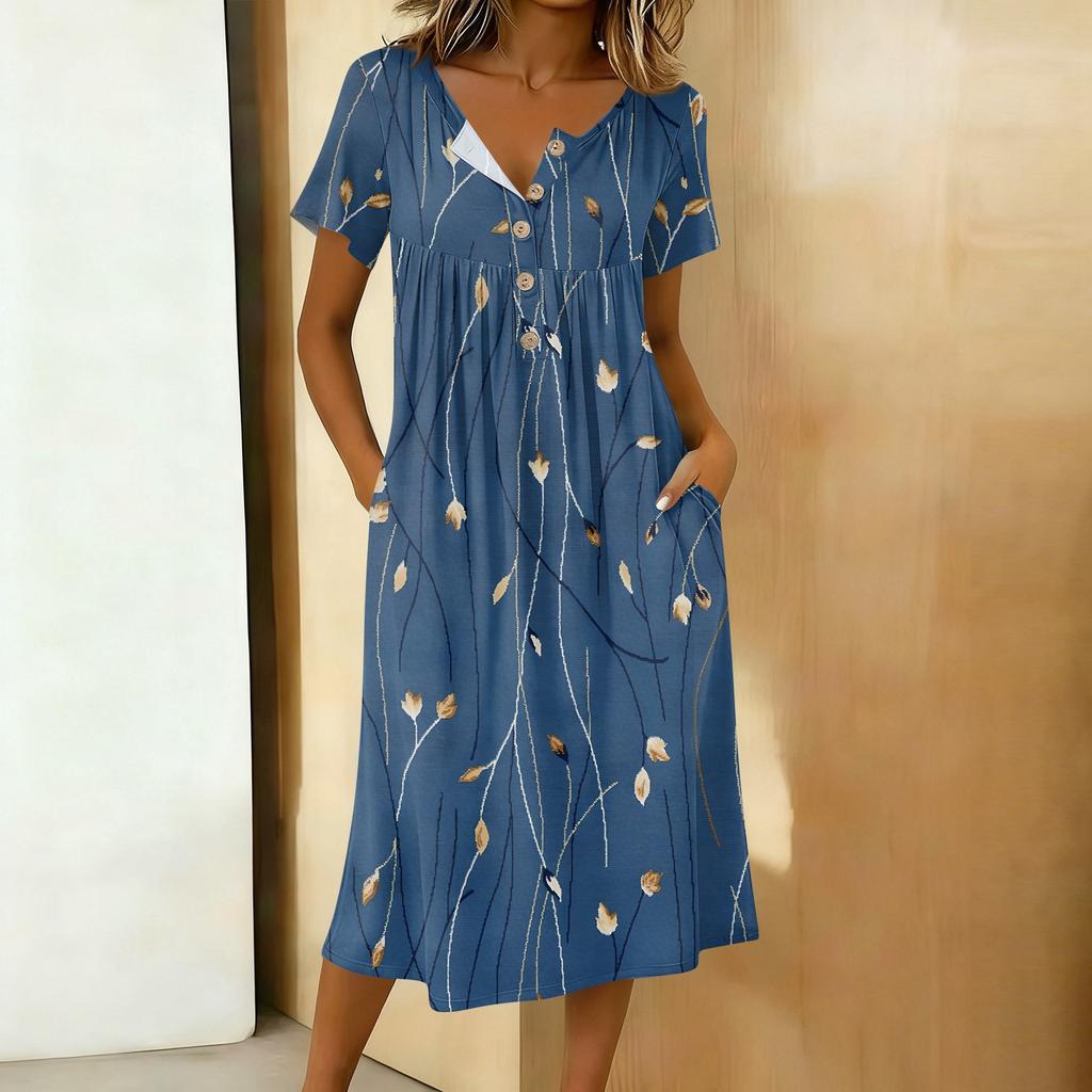 Vestido Casual Feminino Moderno Estampado Retrô Gola Redonda Manga Curta Botão na Gola Comprimento Médio