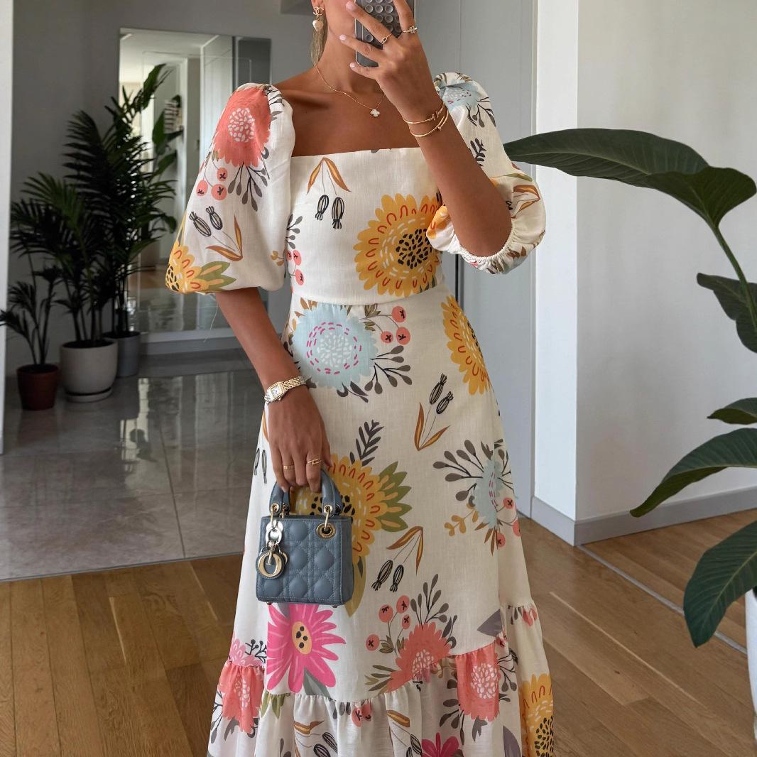 White Floral Print Backless Bubble Sleeve Long Dress S