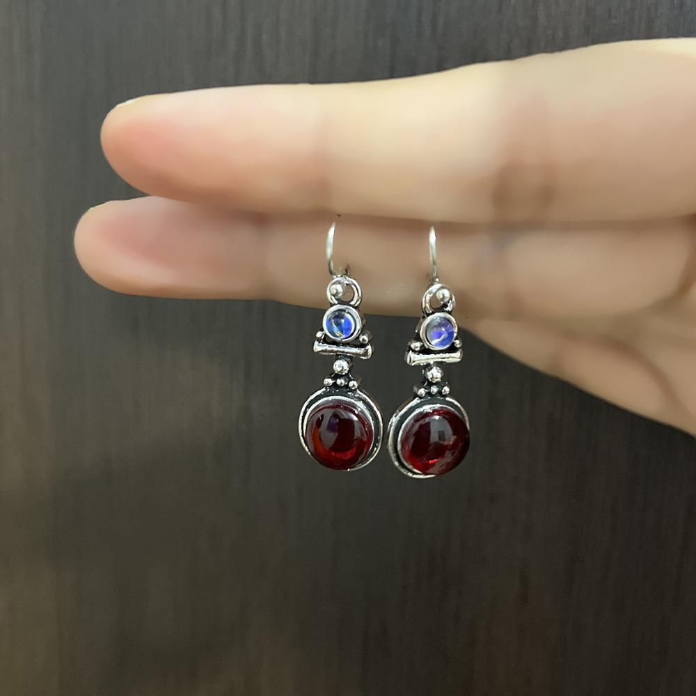 Charm Retro Ancient Silver Geometric Circle Seven-color Moonstone Red Opal Pendant Dangle Earrings for Women Temperament Jewelry