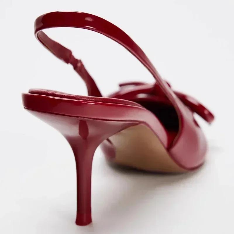 Fashion Luxury Designer Red Bow High Heels Women Summer Sexy Pointed Toe Patent Leather Women Pumps Elegant Slingback Heeled Sandals