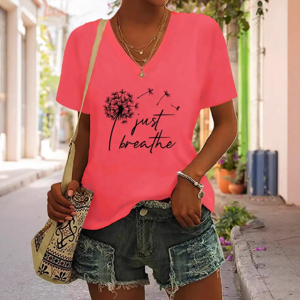 Summer V-neck 3D Dandelion Dragonfly Pattern Printed Top Fashionable Casual Short Sleeved Women's T-shirts