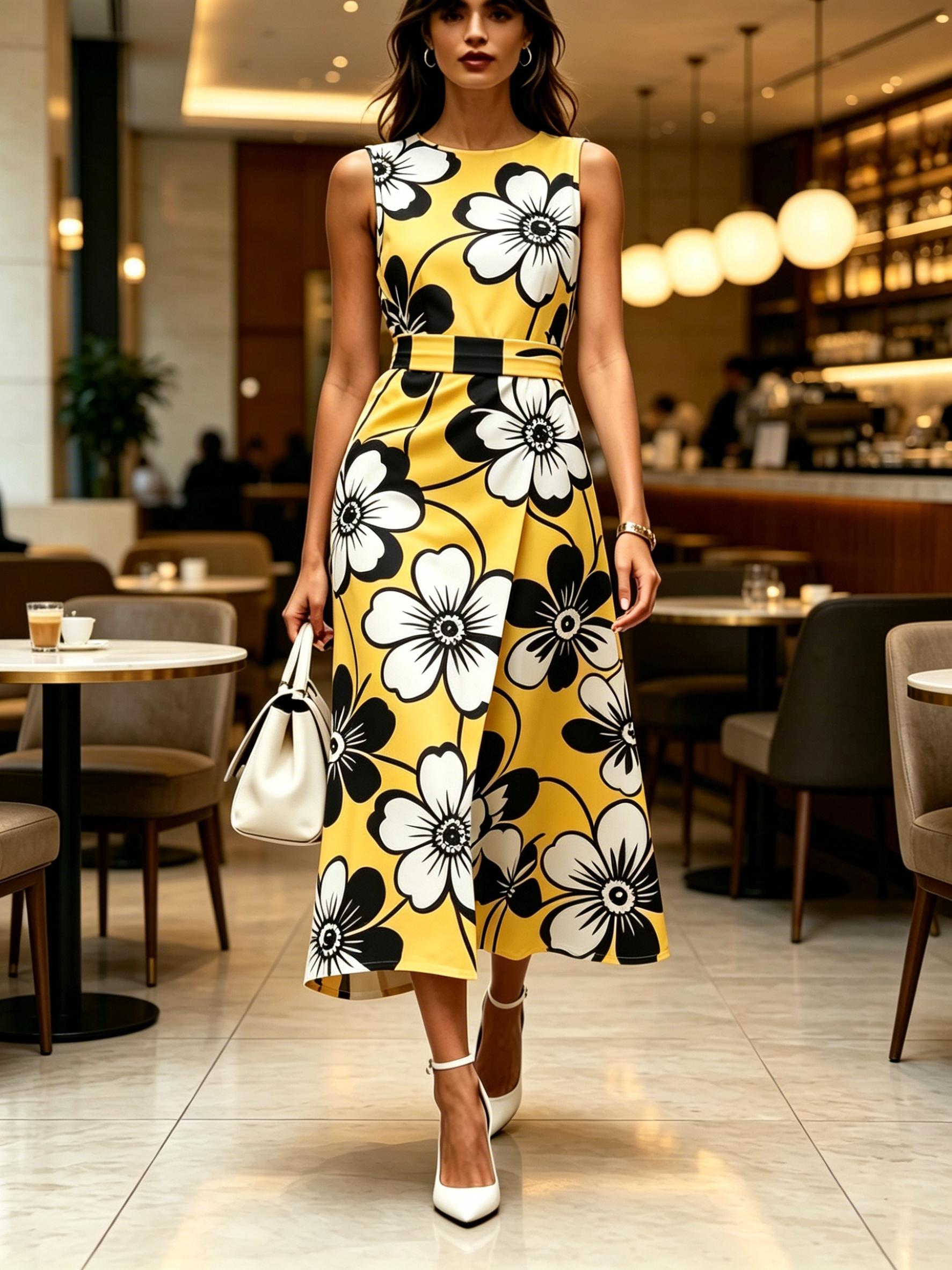 Yellow Floral Printed Round Neck Sleeveless Midi Dress Modern Elegant Casual Fashion Women s Clothing For Spring Summer And Autumn XXS