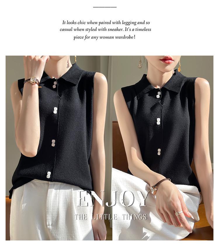 Women's Wool Knit Lapel Collar Sleeveless Base Layer Vest