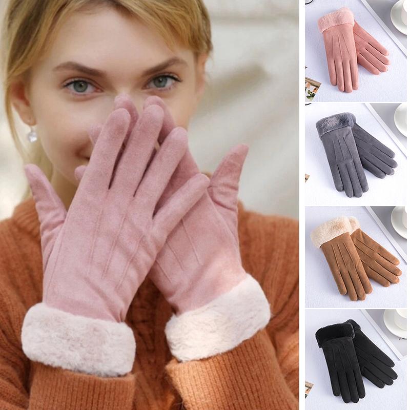 1Pair Women's Autumn and Winter Gloves with Warm Suede Cute Student Gloves for Cycling Thick