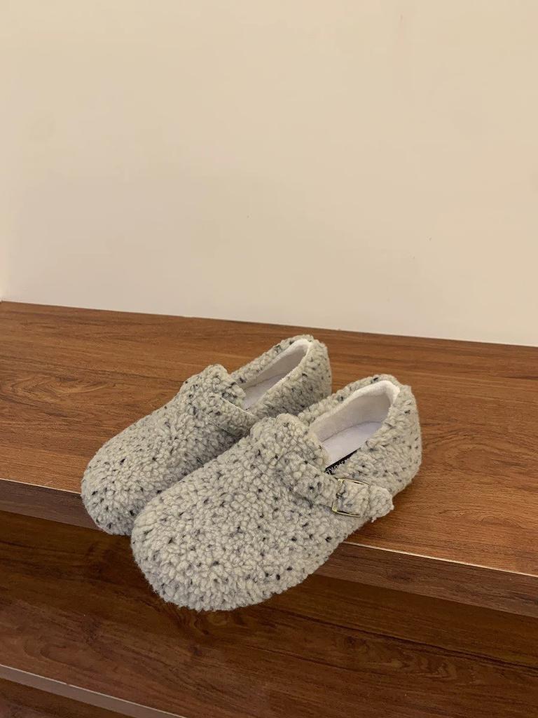 Leopard Print Mary Jane Fluffy Shoes Women's Winter 2025 New Ugly Cute Bread Cotton Shoes Velcro Flat Plush Single Shoes