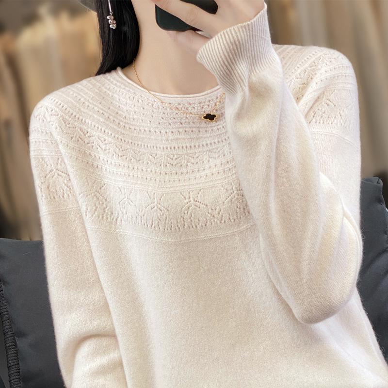 Women's Round Neck Hollow Out Wool Knit Sweater - Slimming Seamless Long Sleeve Pullover