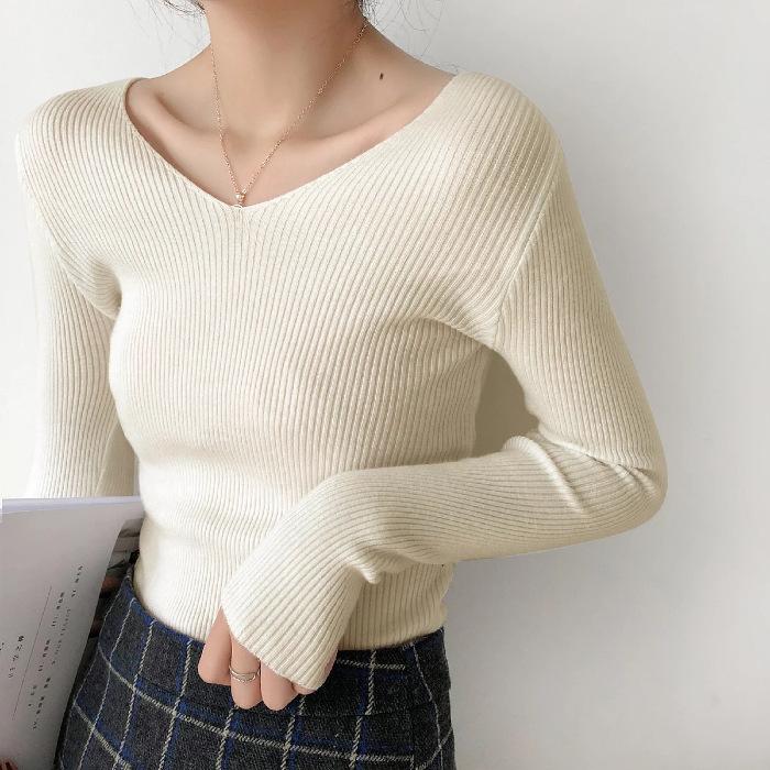 Sweater Women's Autumn and Winter New V-neck Knitted Solid Color Slim-fit Versatile Shirt Pullover Tide