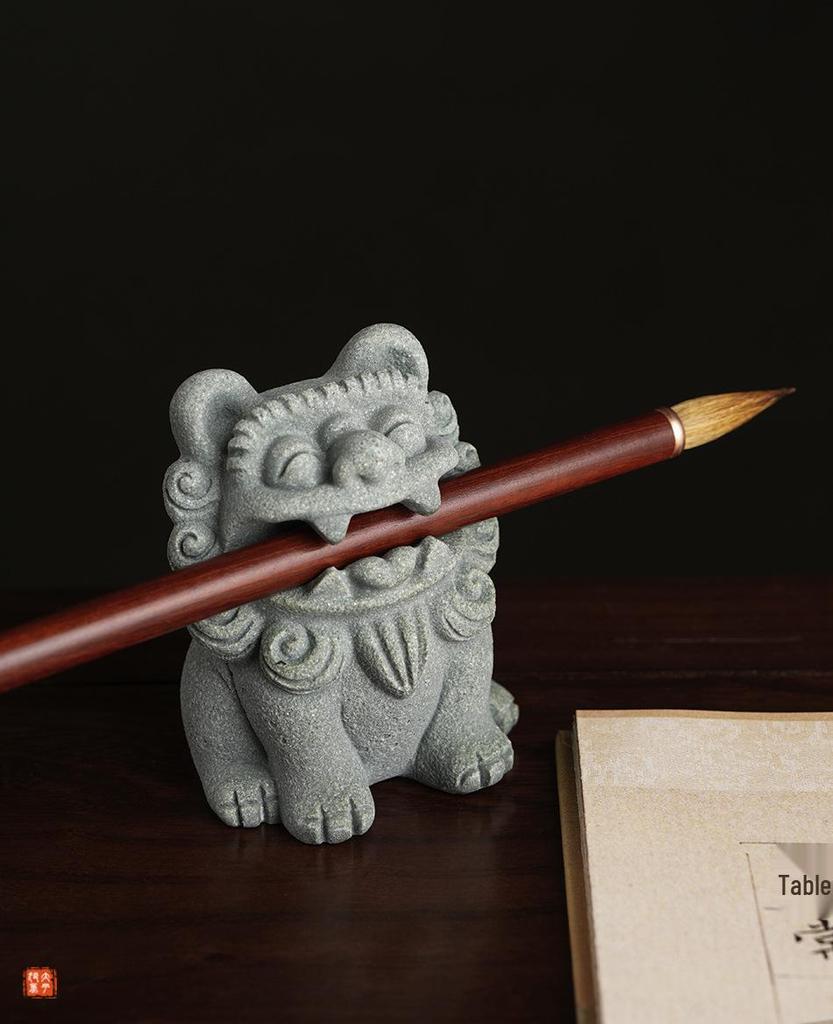 Qilin Green Sandstone Lion Statue Pen Holder Creative Desk Ornament
