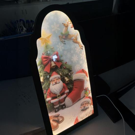 Christmas Mirror Hologram Santa Xmas Tree Scene Mirror with LED Light for Holiday Indoor Bedroom Kitchen Decor