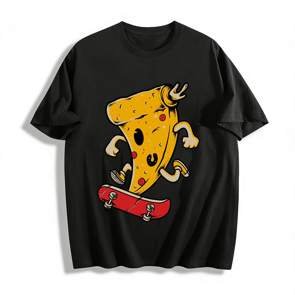 Funny Skateboarding Pizza Graphic Casual T-Shirt Pure cotton T-shirt XXS