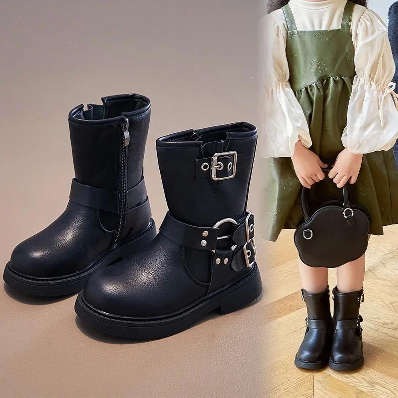 2024 Children Leather Shoes for Girls Autumn Winter New Fashion British Style Soft Bottom Anti-slippery Versatile Short Boots