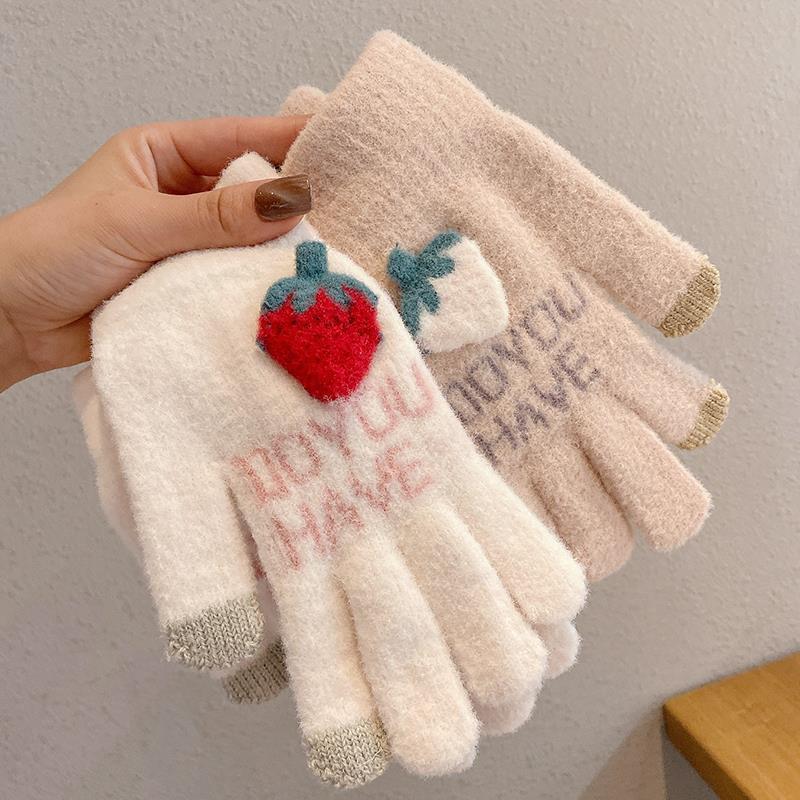 Korean Student Strawberry Gloves Thickened Writing Touch Screen Gloves Writing Bike Warmth Thickened Five Finger Gloves
