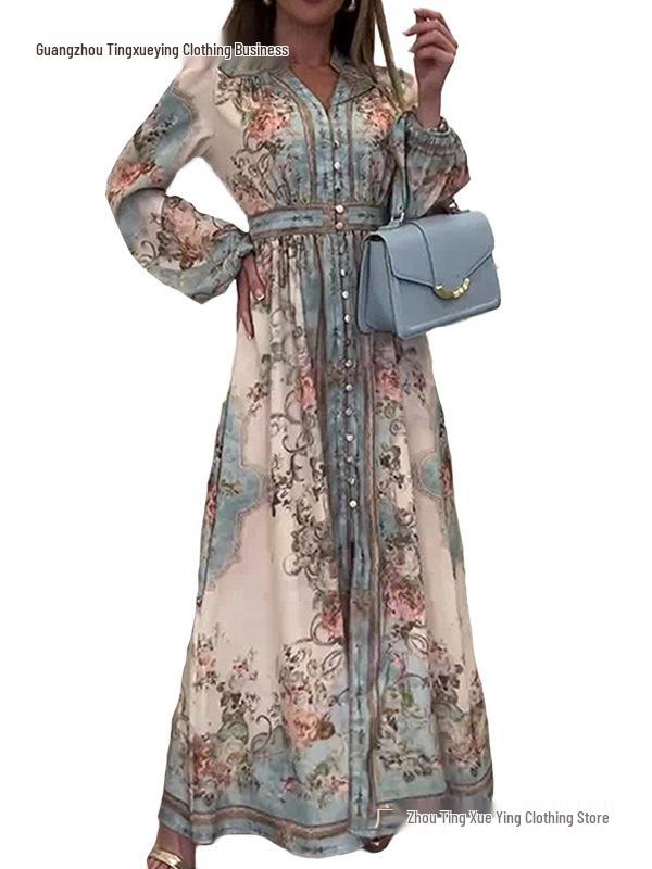Retro European & American Women's Long Sleeve Spring Dress with Waist-Cinching, Big Hem, and Printed Design.