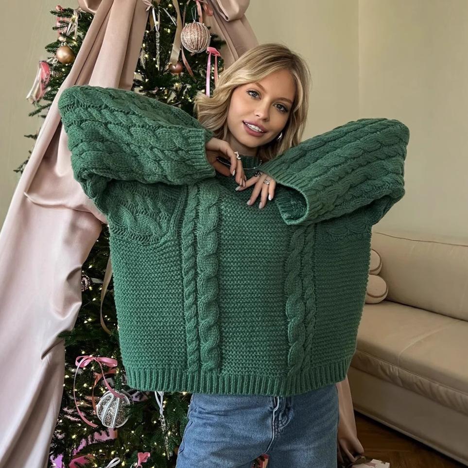 

2025 Новый женский свободный и ленивый повседневный вязаный свитер большого размера M зелёный