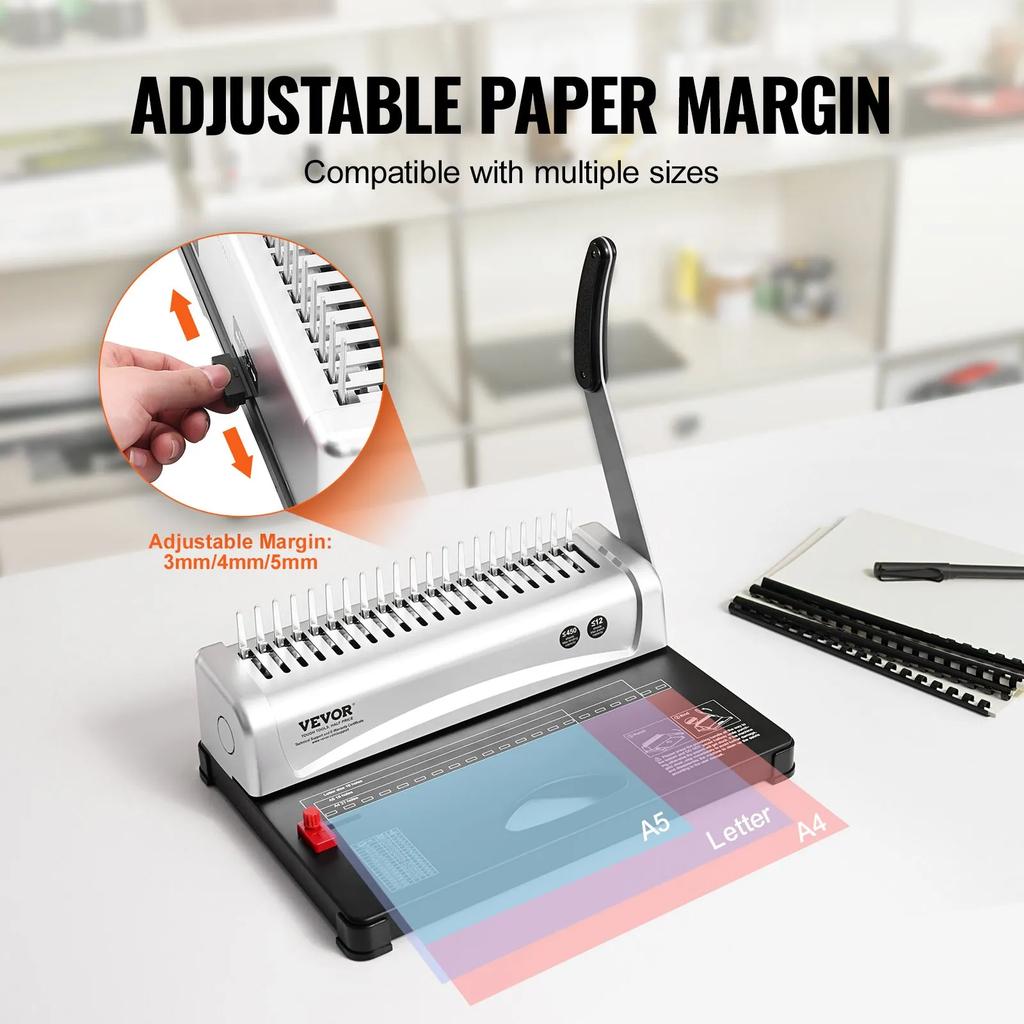 VEVOR Binding Machine, Comb Binding Machine 21-Holes Binding 450 Sheets, Book Binder Machine with 100 PCS 9.53 mm Comb Binding Spines