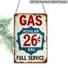 2D Flat 1pc Vintage Gas Station Aluminum Sign GAS REGULAR 26 GAL FULL SERVICE - Distressed Retro Wall Art for Garage, for Man Cave, Diner